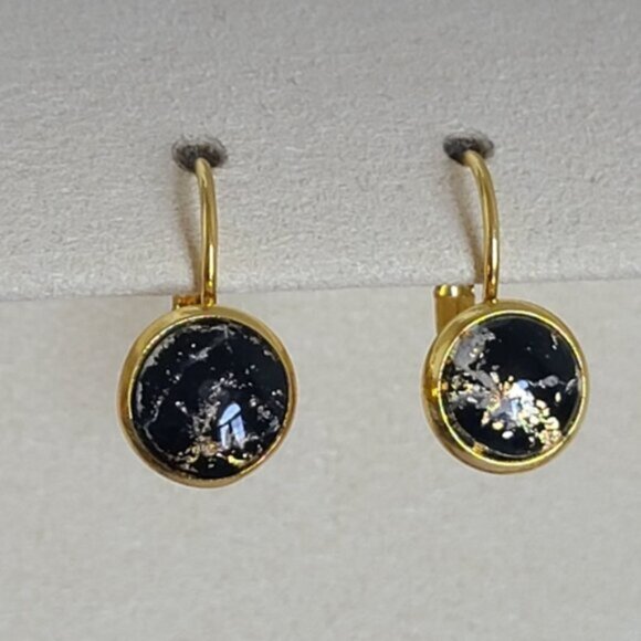 Elegant Hand Crafted Boho Black Gold Gemstone Marble Circle Drop Dangle Earrings - Picture 3 of 15